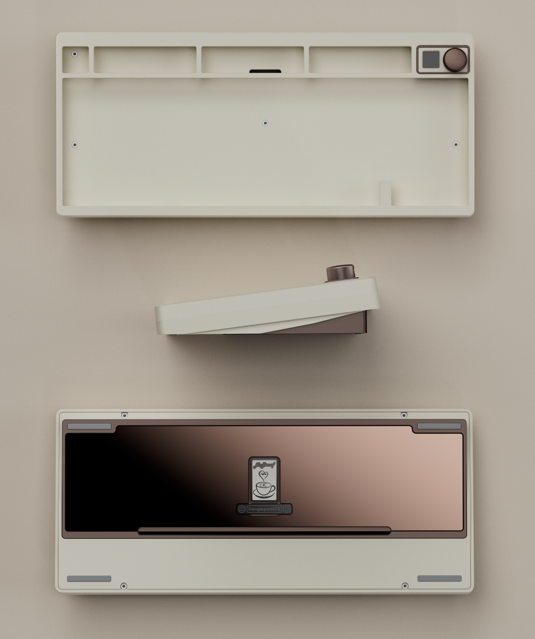 Qwertykeys QK75N Coffee E-Cream 75 percent keyboard case with rose-gold weight, knob and badge components