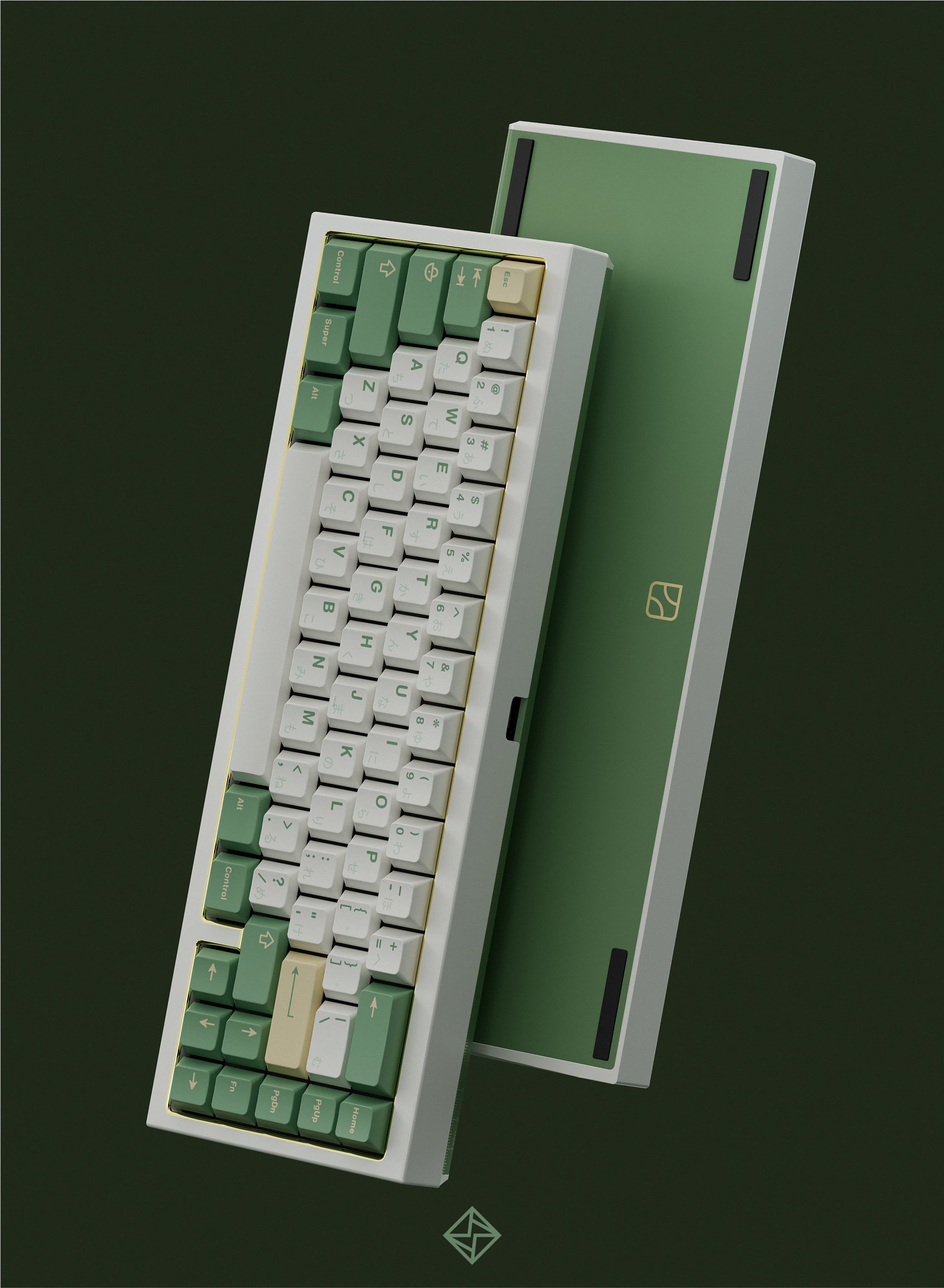 Qwertykeys QK65 Stone Age Edition 65 percent keyboard in the white, green and gold collaboration colorway