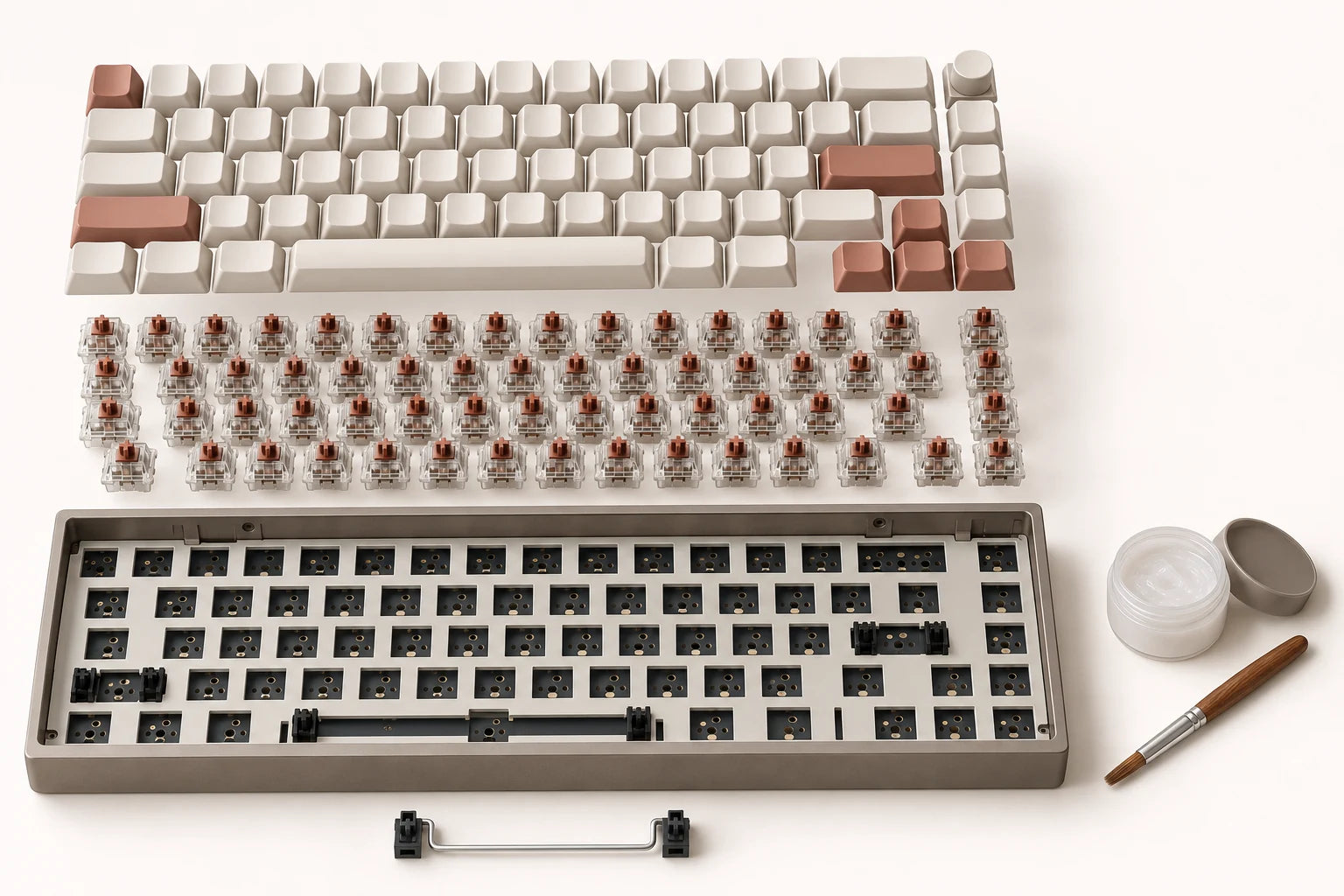 Exploded illustration of a compact keyboard: keycaps above clear switches, an aluminium case and circuit board below, a spacebar stabilizer in front, and a brush and lubricant tub beside it.
